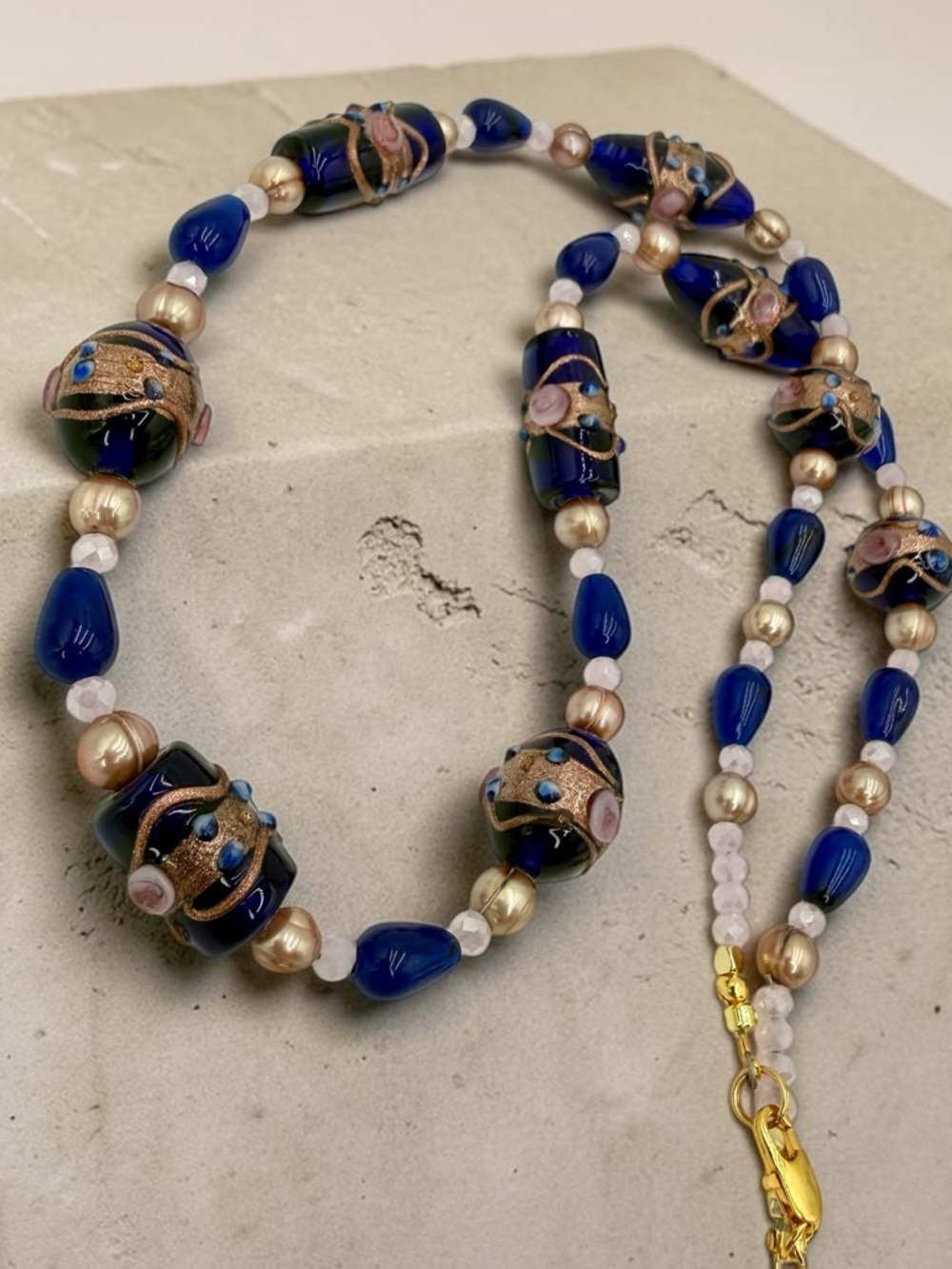 Venetian Wedding Cake Bead Necklace Blue Jade Genuine Pearl Pink Crystal 20” - Picture 15 of 17